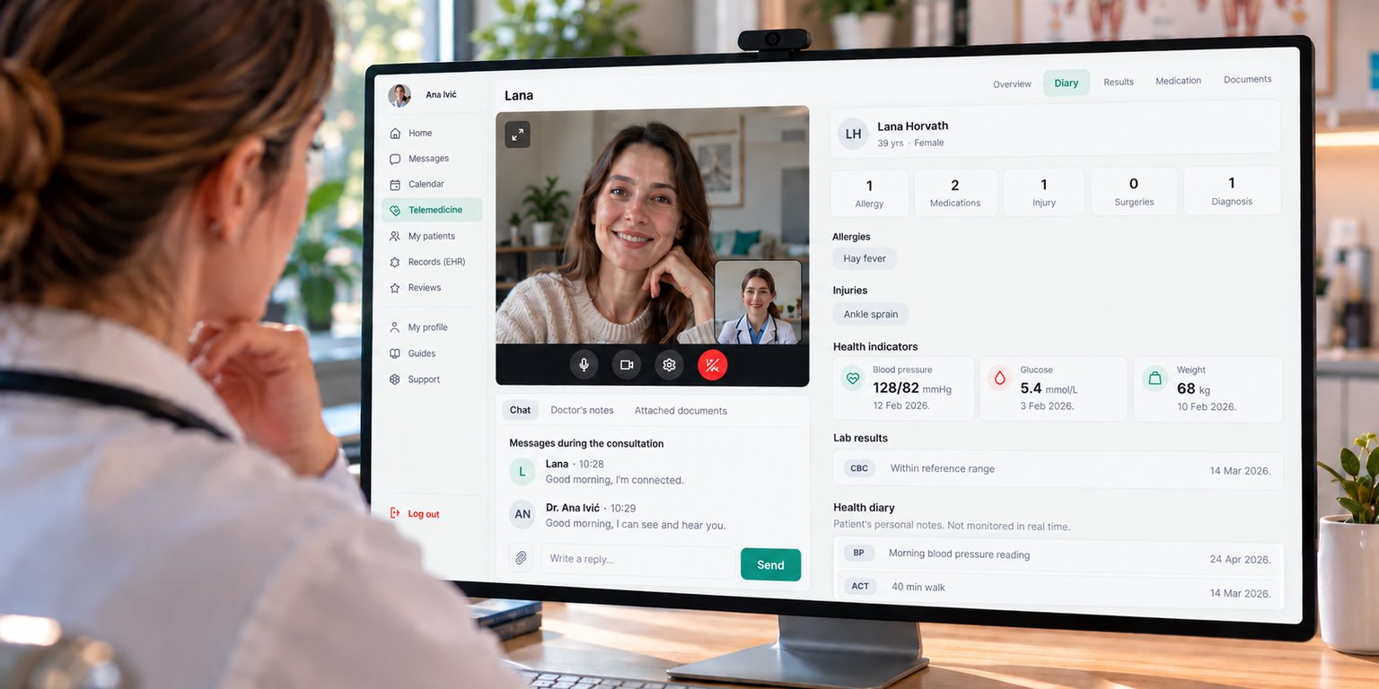 A doctor in a BigDot video consultation, with the patient's record, results and measurements alongside.