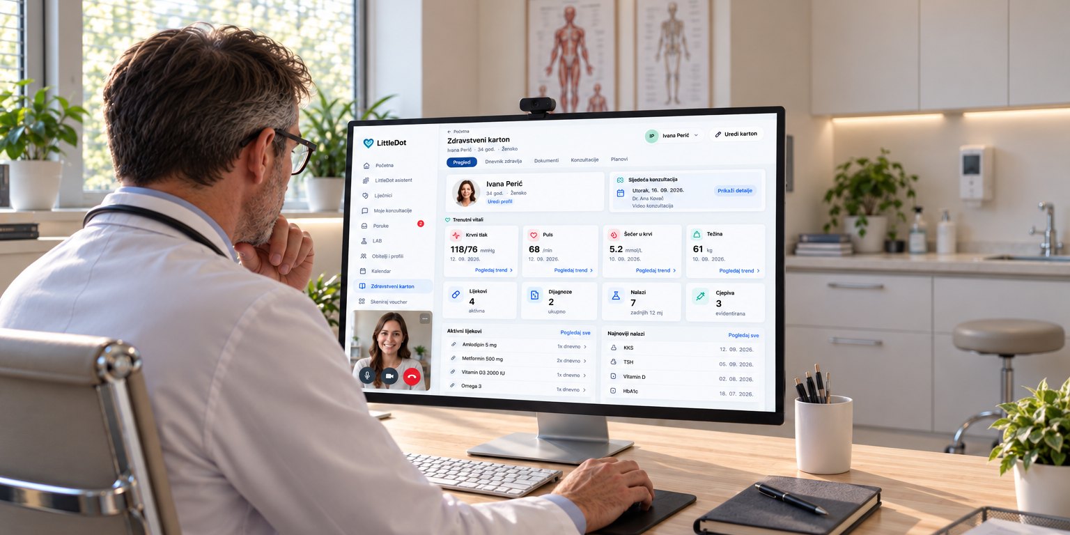 A doctor at a desk reviewing a patient record and a video call in the application.