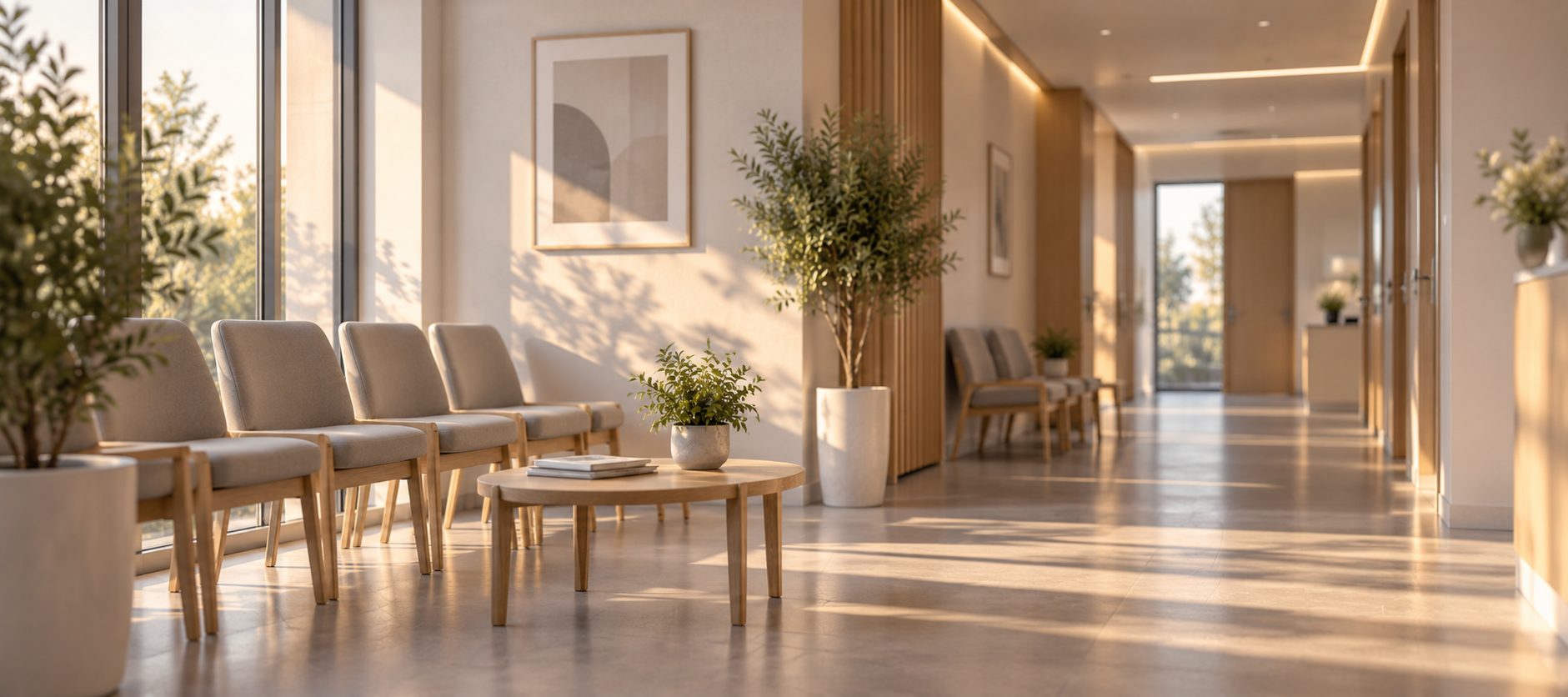 An empty clinic waiting room, a row of chairs along a glass wall in late afternoon light